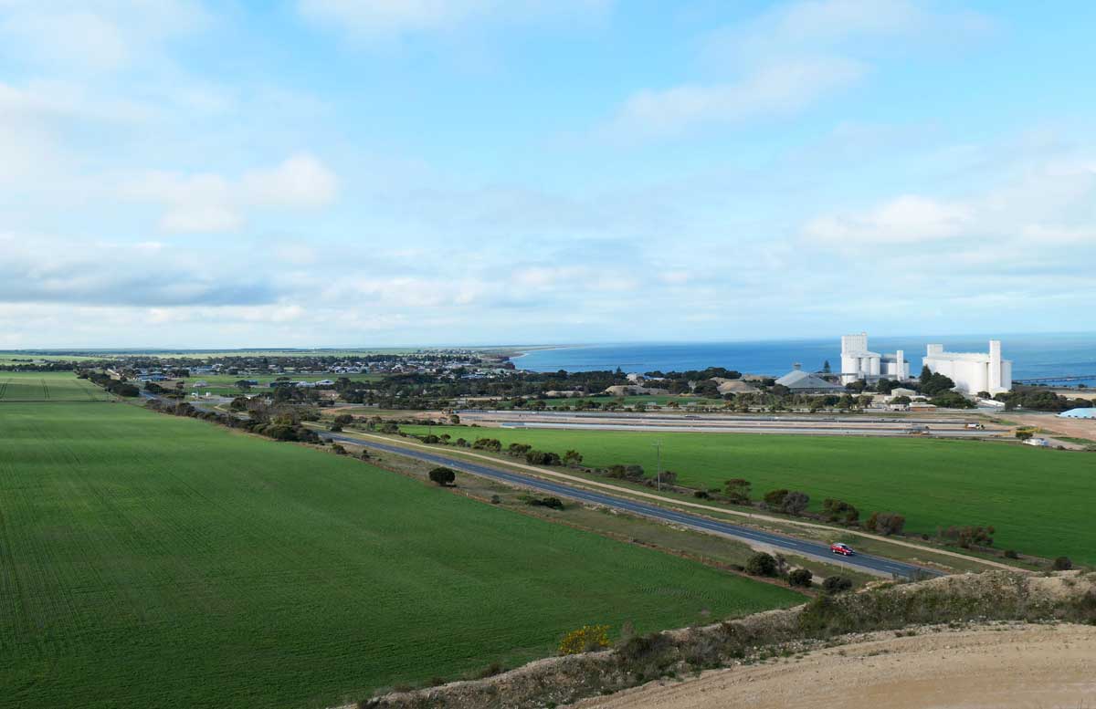View of the township, silos and surrounding farmlands at Ardrossan Lookout