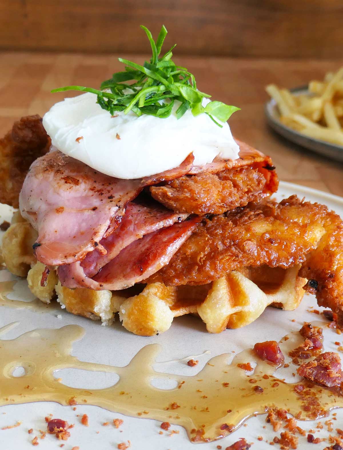 Chicken and waffles with poached egg (Smelter Cafe)
