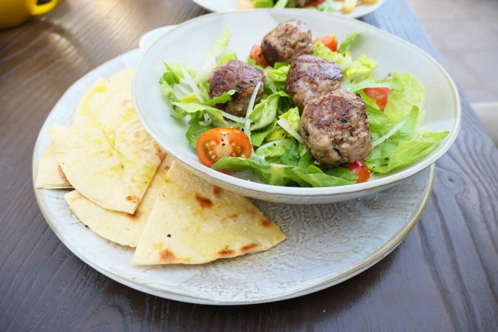 Lamb kofta and salad at Tickle Belly Hill in Saltia, just outside of Quorn