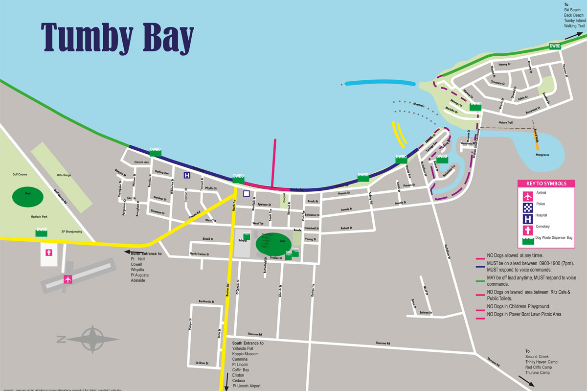 Map of Tumby Bay and Dog Rules. Located in Tumby Bay, Eyre Peninsula, South Australia.