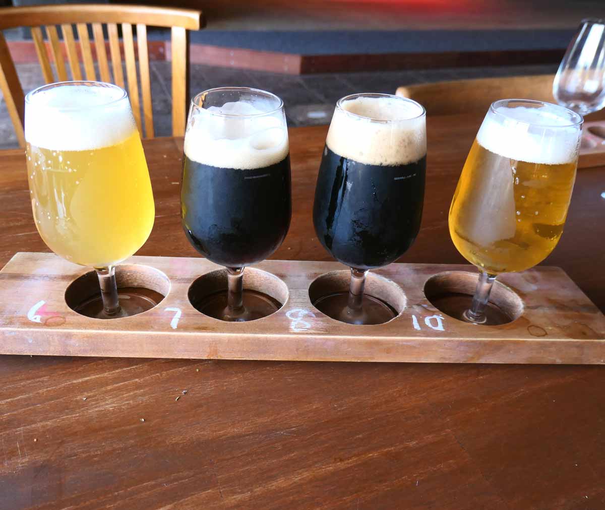 Beer Tasting Paddle at Beer Garden Brewing. Located in Port Lincoln, Eyre Peninsula, South Australia.