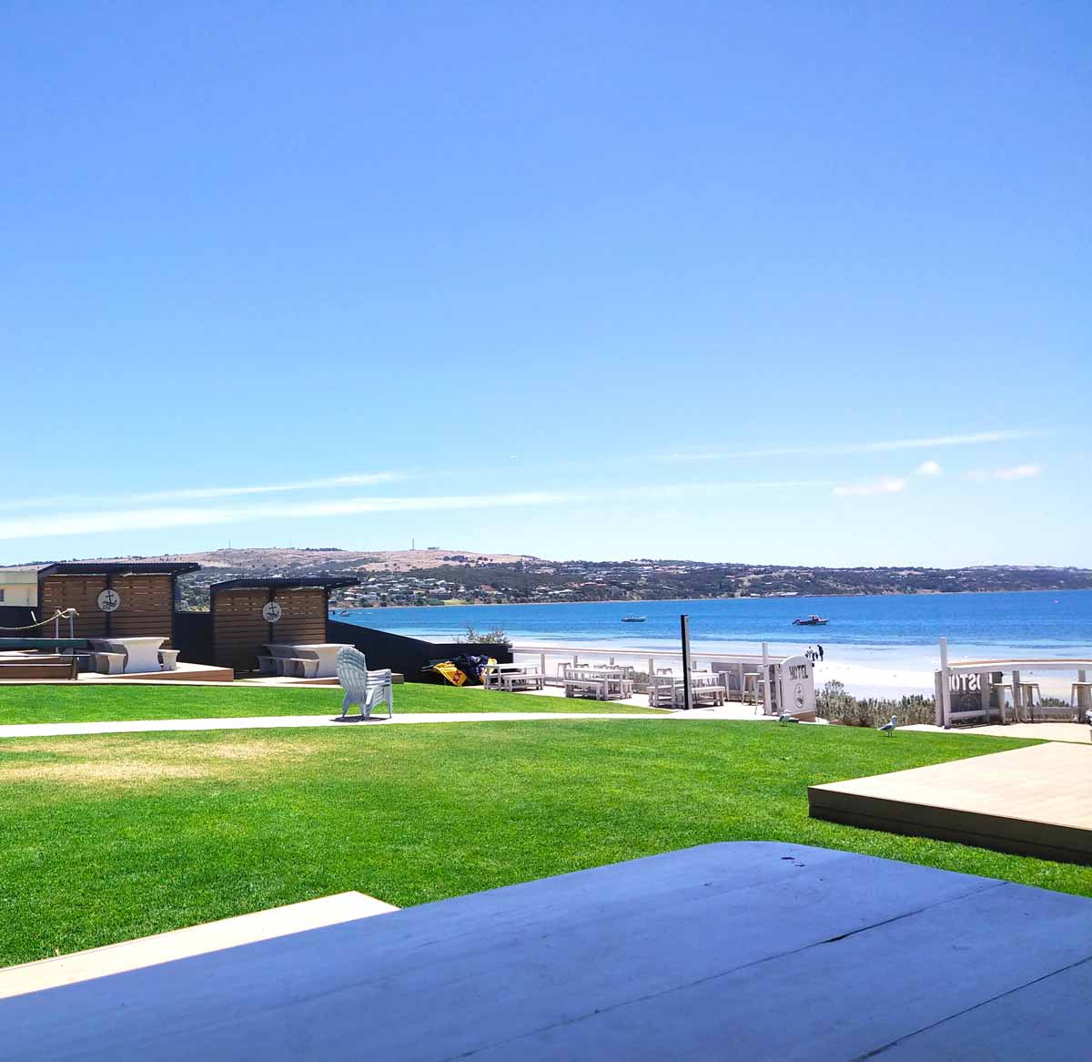 Beer garden with ocean views at Hotel Boston. Located in Port Lincoln, Eyre Peninsula, South Australia.