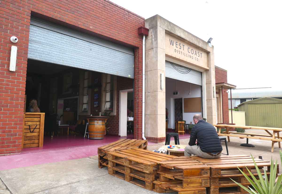Hubby and Charlie outside West Coast Distilling Co building. Located in Port Lincoln, Eyre Peninsula, South Australia.
