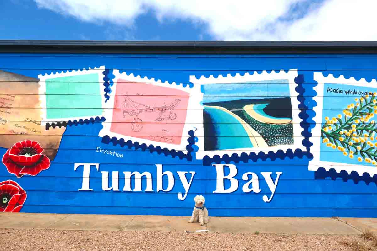Charlie in front Tumby Bay Stamps Mural. Located in Tumby Bay, Eyre Peninsula, South Australia.