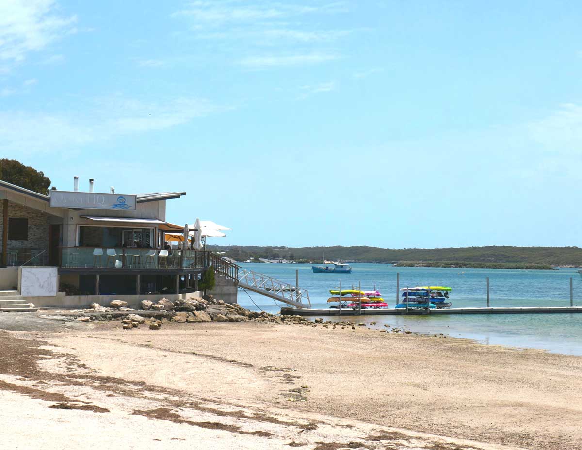 Oyster HQ waterfront building. Located in Coffin Bay, Eyre Peninsula, South Australia.