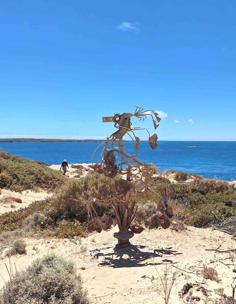 Seahorse scultupre with Sheryl in the background. Located in Elliston, Eyre Peninsula, South Australia.