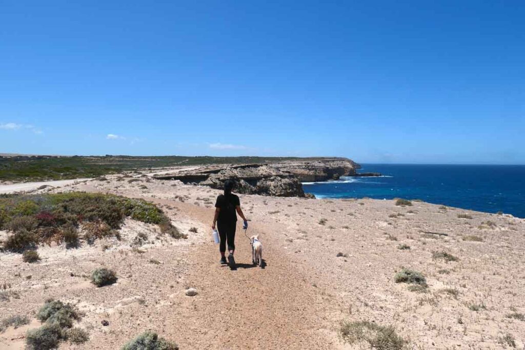 Sheryl and Charlie walking along Little Bay Trail. Located in Elliston, Eyre Peninsula, South Australia.