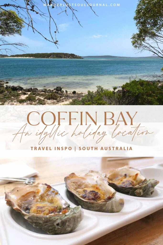 Pinterest cover image featuring oysters and bay views. Located in Coffin Bay, Eyre Peninsula, South Australia.