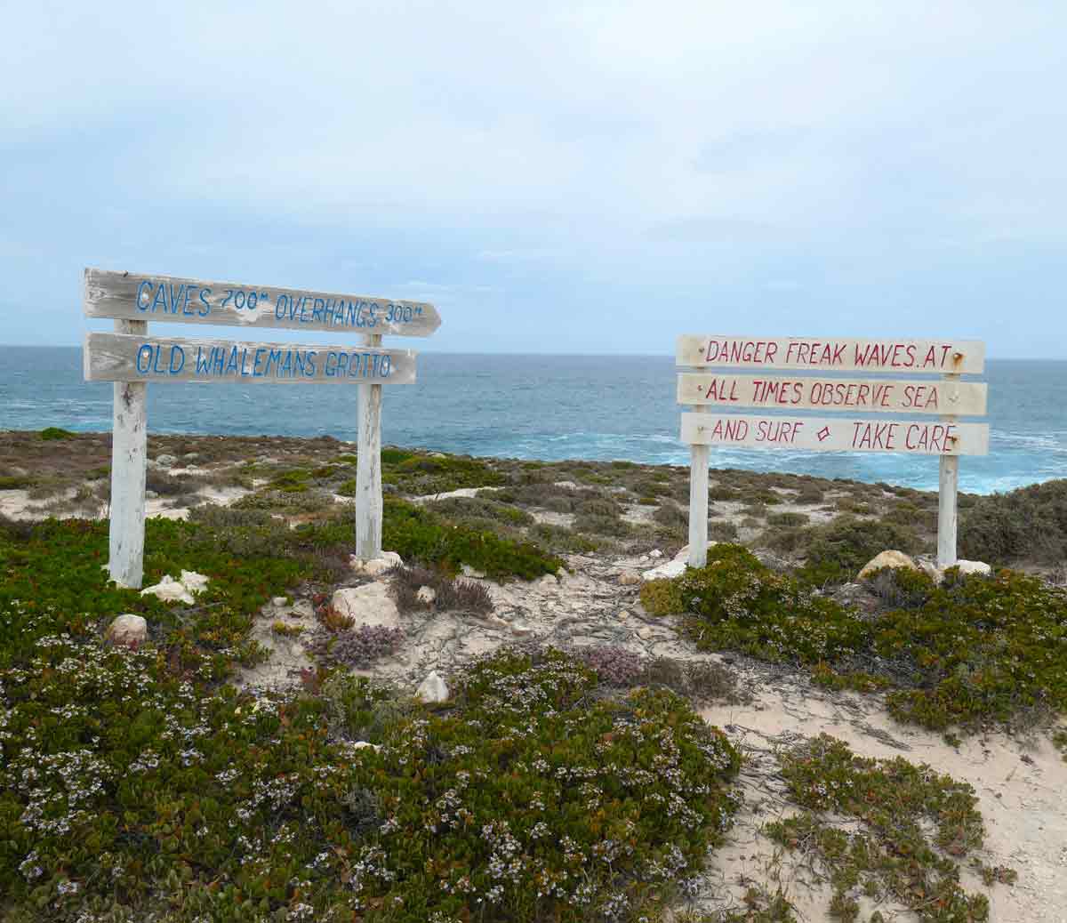 View of danger signs at Old Whaleman's Grotto. Located in Whaler's Way Sanctuary, Eyre Peninsula, South Australia.