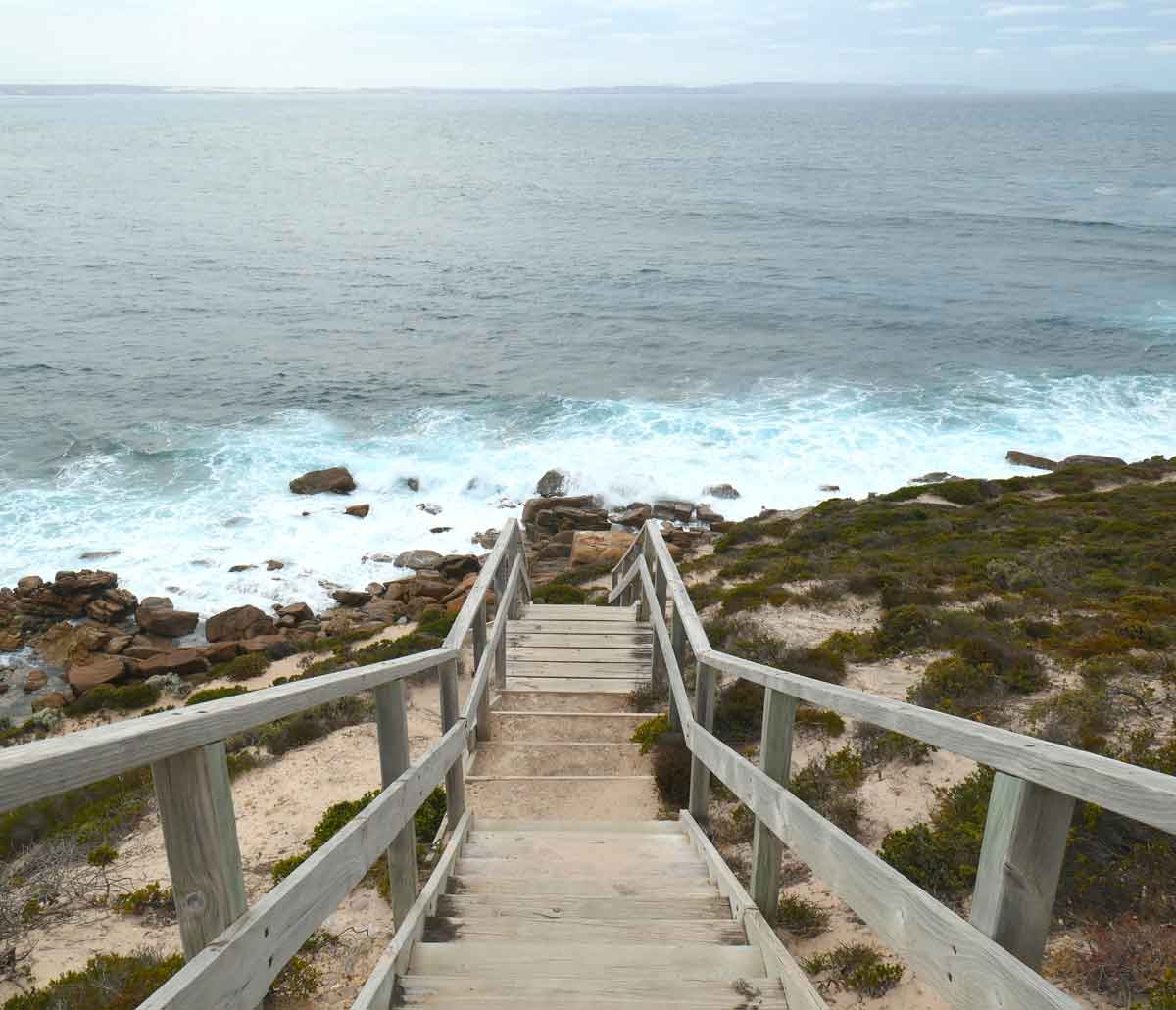Stairs to the shoreline at Pelamis Point. Located in Whaler's Way Sanctuary, Eyre Peninsula, South Australia.