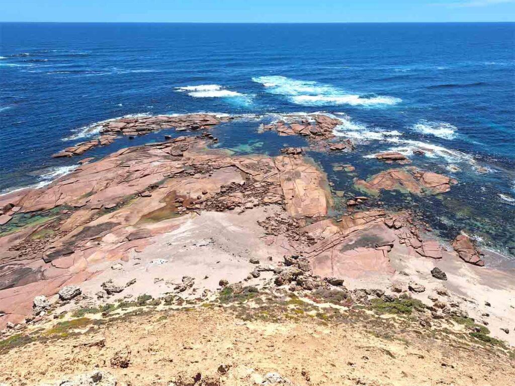 View of sea lion habitat from lookout. Located at Point Labatt Conservation Park, Eyre Peninsula, South Australia.